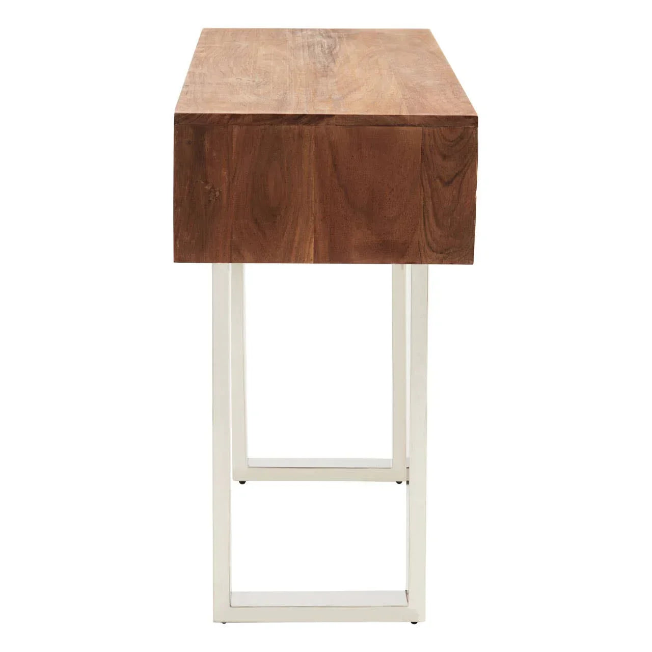 Side view of modern wooden console table with metal legs