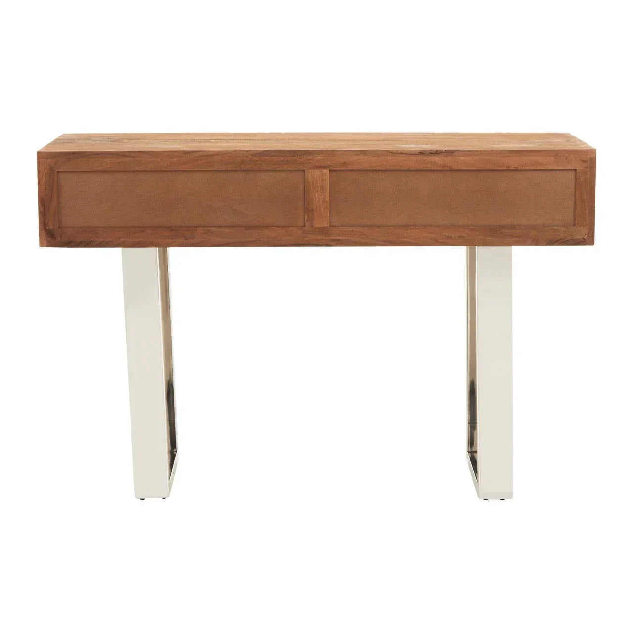 Wood console table with two drawers and chrome legs, viewed from the front