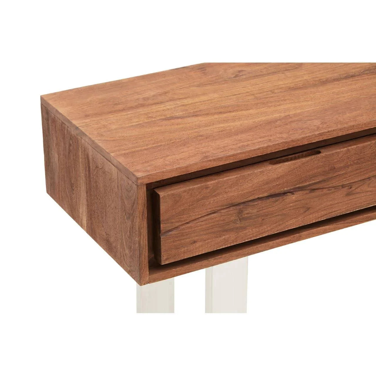 Closeup of wooden console table top with visible grain and drawer front detail