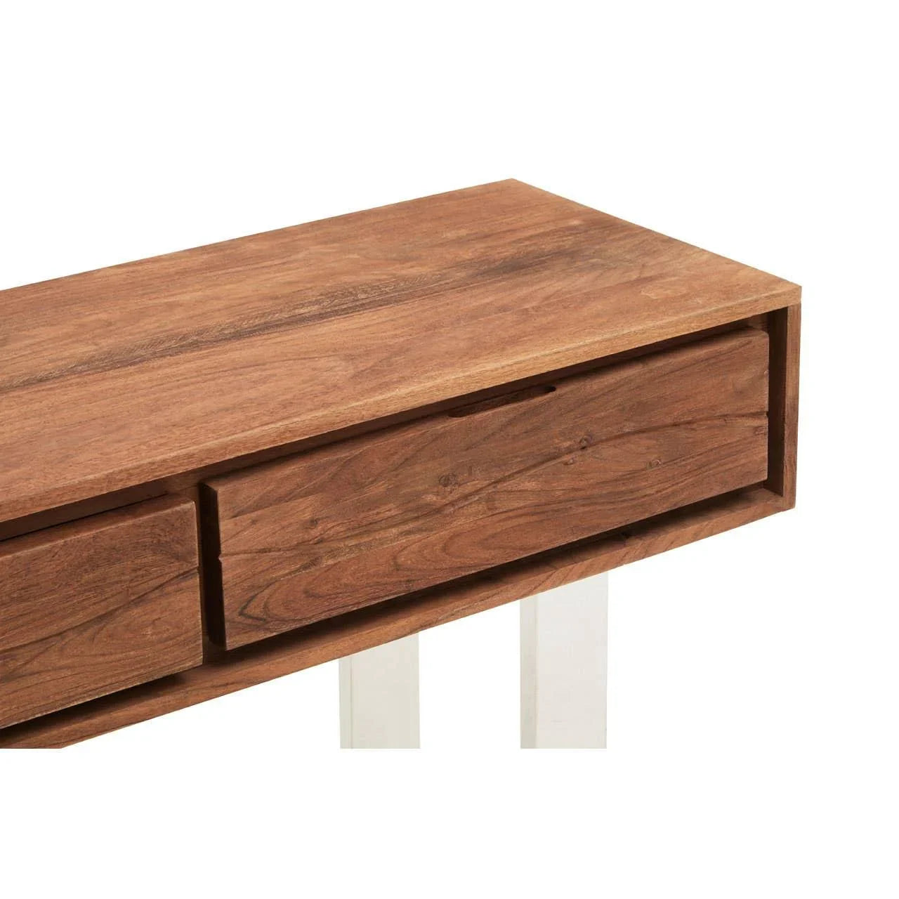 Walnut wooden console table with drawers and visible grain, close-up of storage section