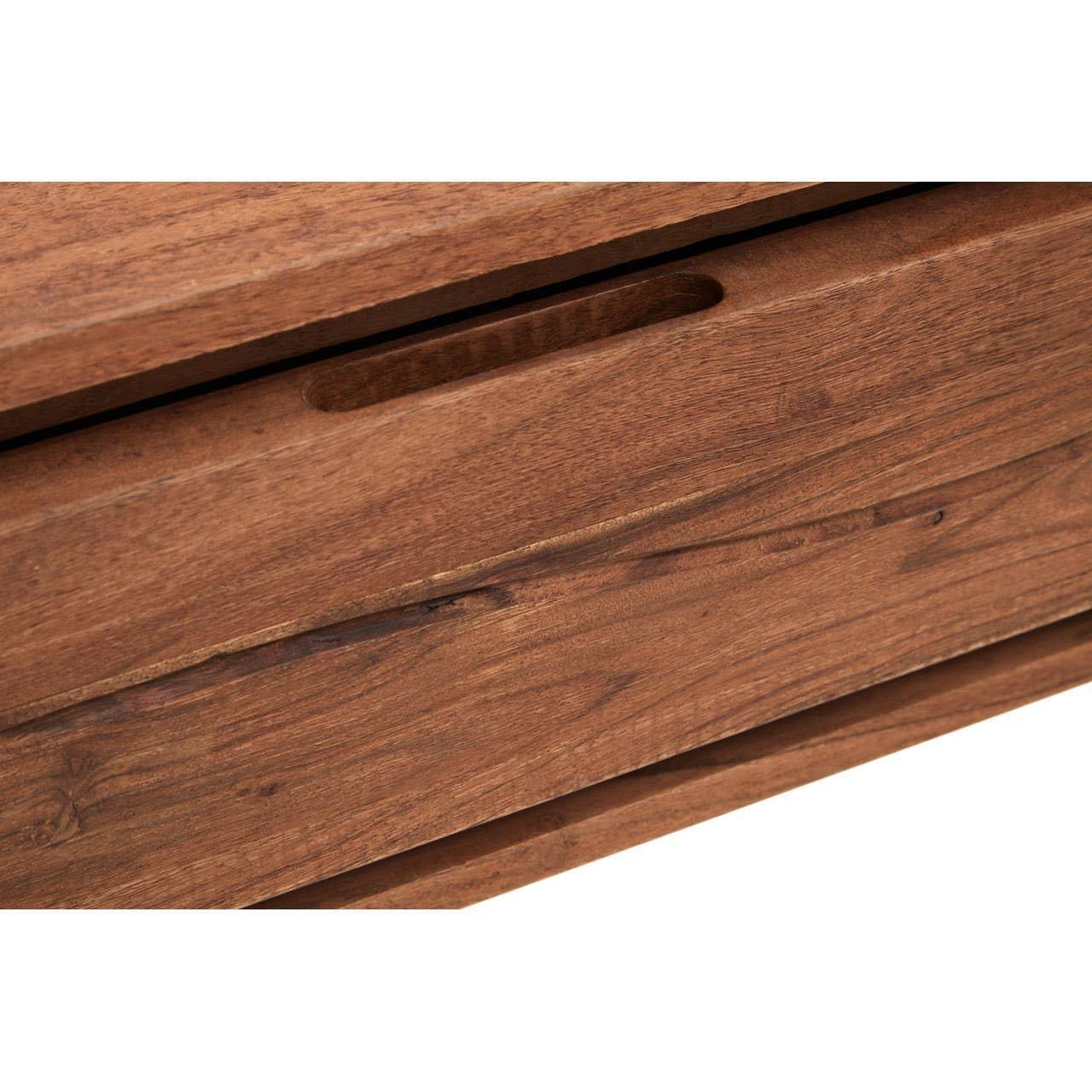 Closeup of wooden drawer with integrated handle and natural wood grain finish