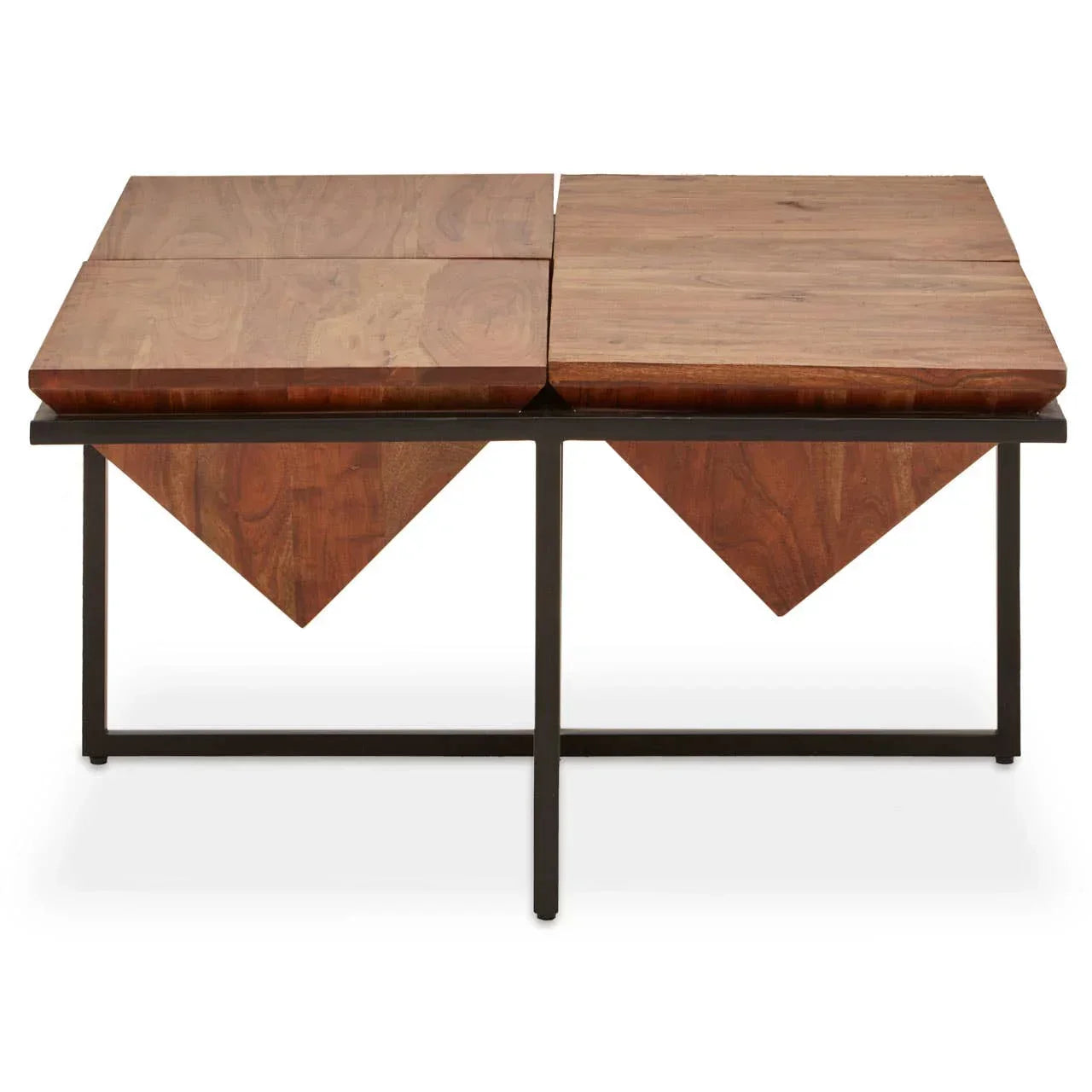 Rectangular wooden coffee table with geometric panel design and black metal frame