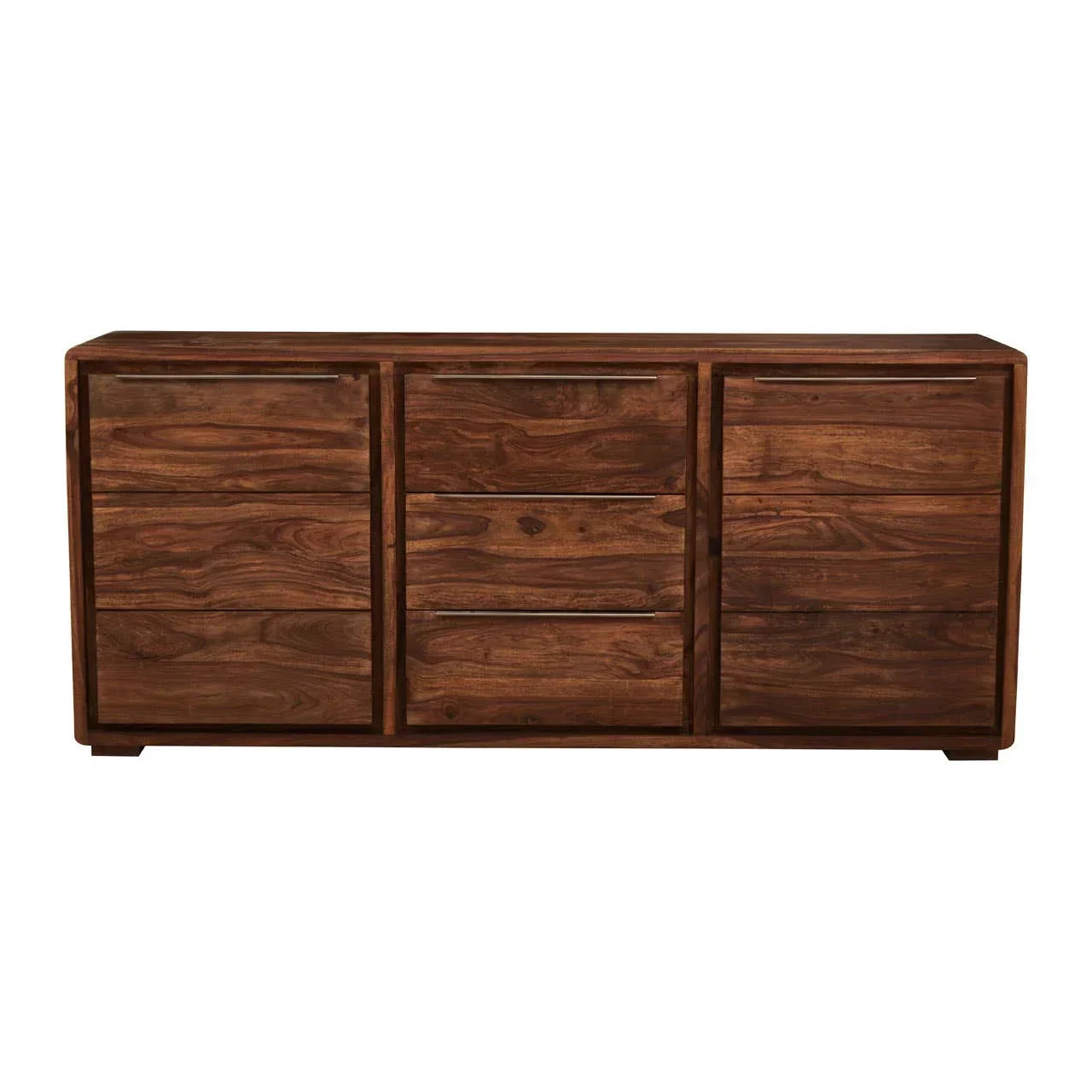 Solid wood sideboard with natural grain, three drawers and two cabinet doors, front view