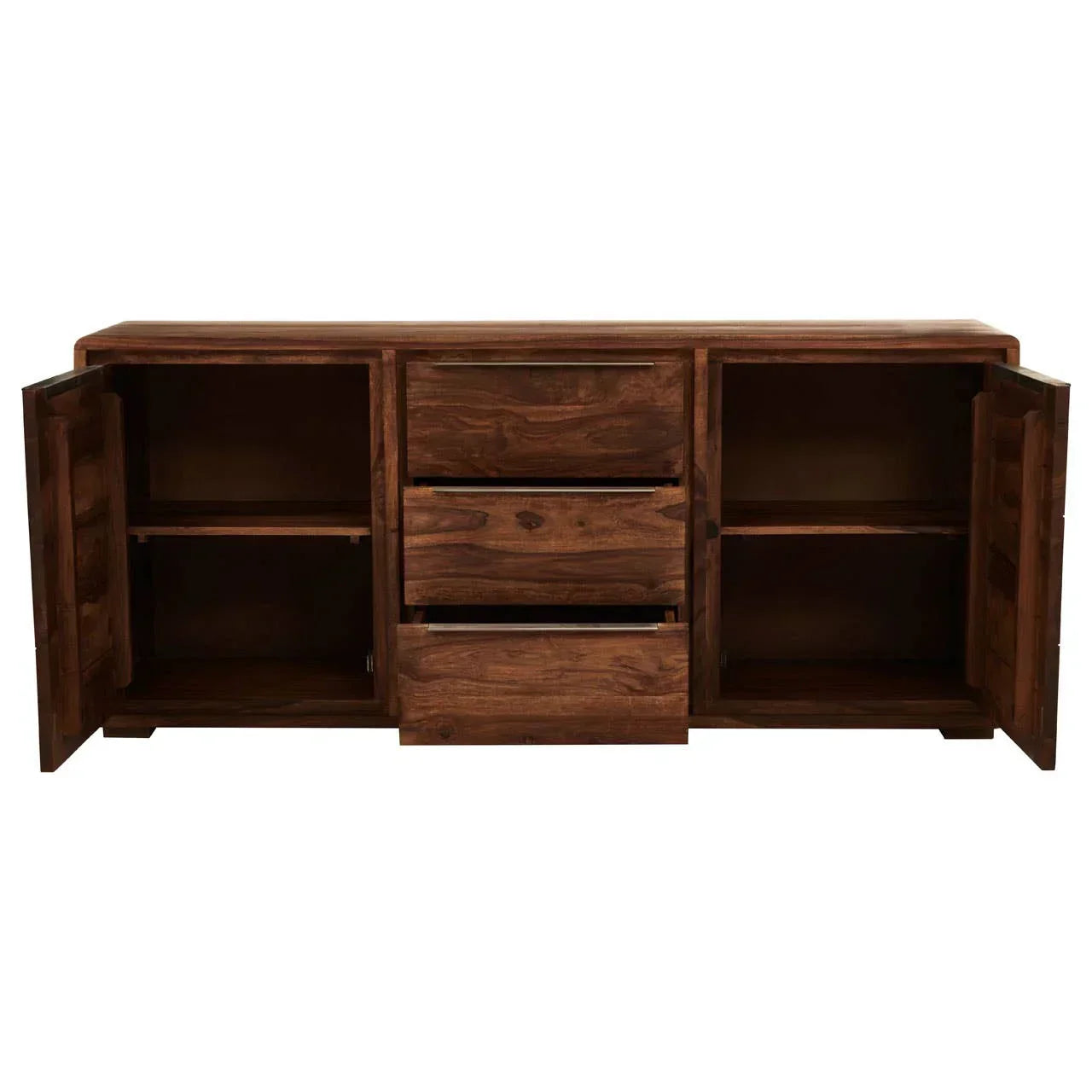 Solid wood sideboard with three central drawers and two cabinets, doors open, walnut finish