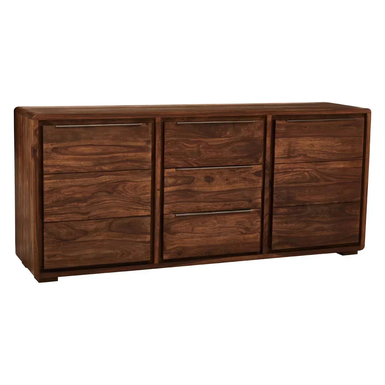 Solid wood sideboard with three drawers and two cupboards, walnut finish, front view