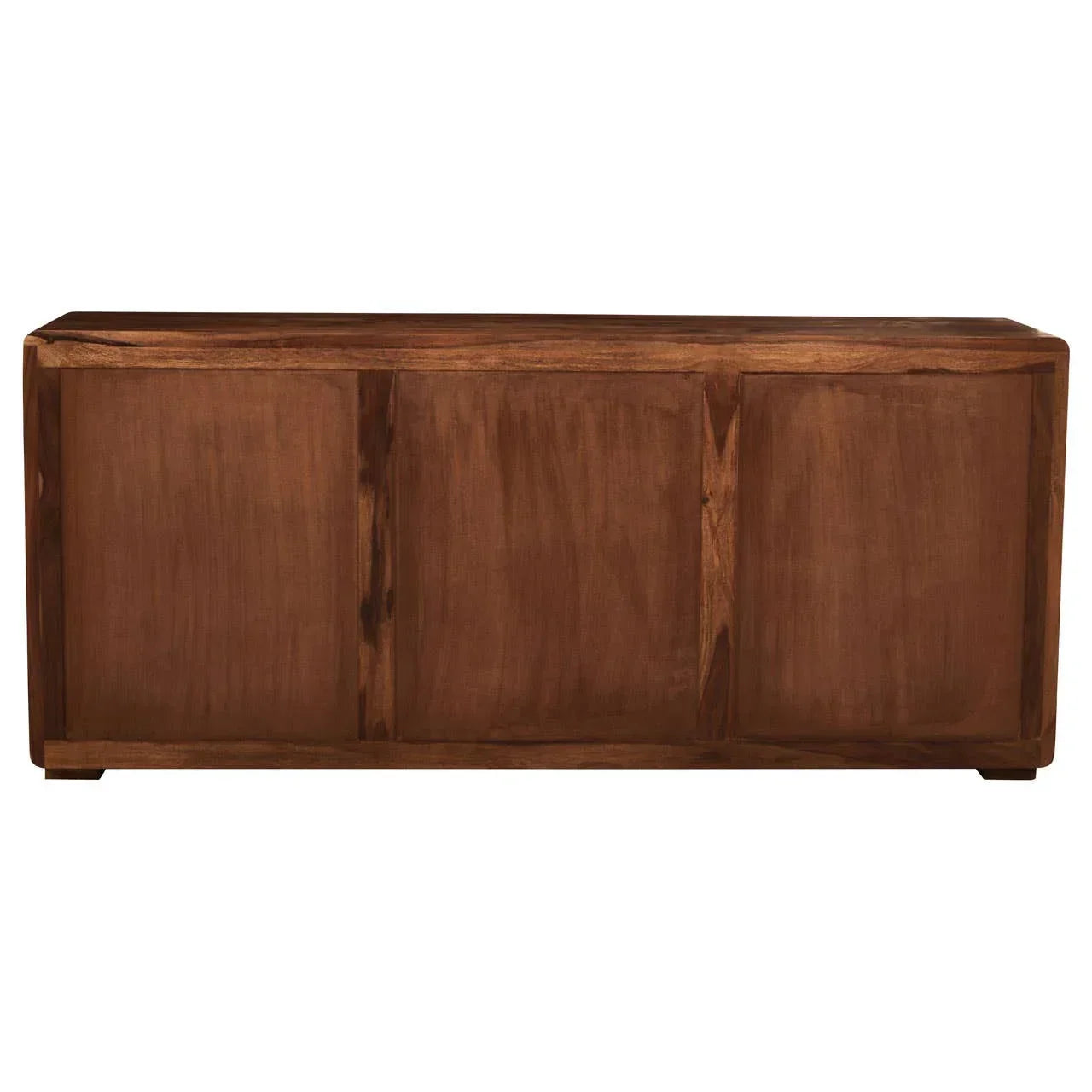 Solid wood sideboard with three panel doors in walnut finish, front view