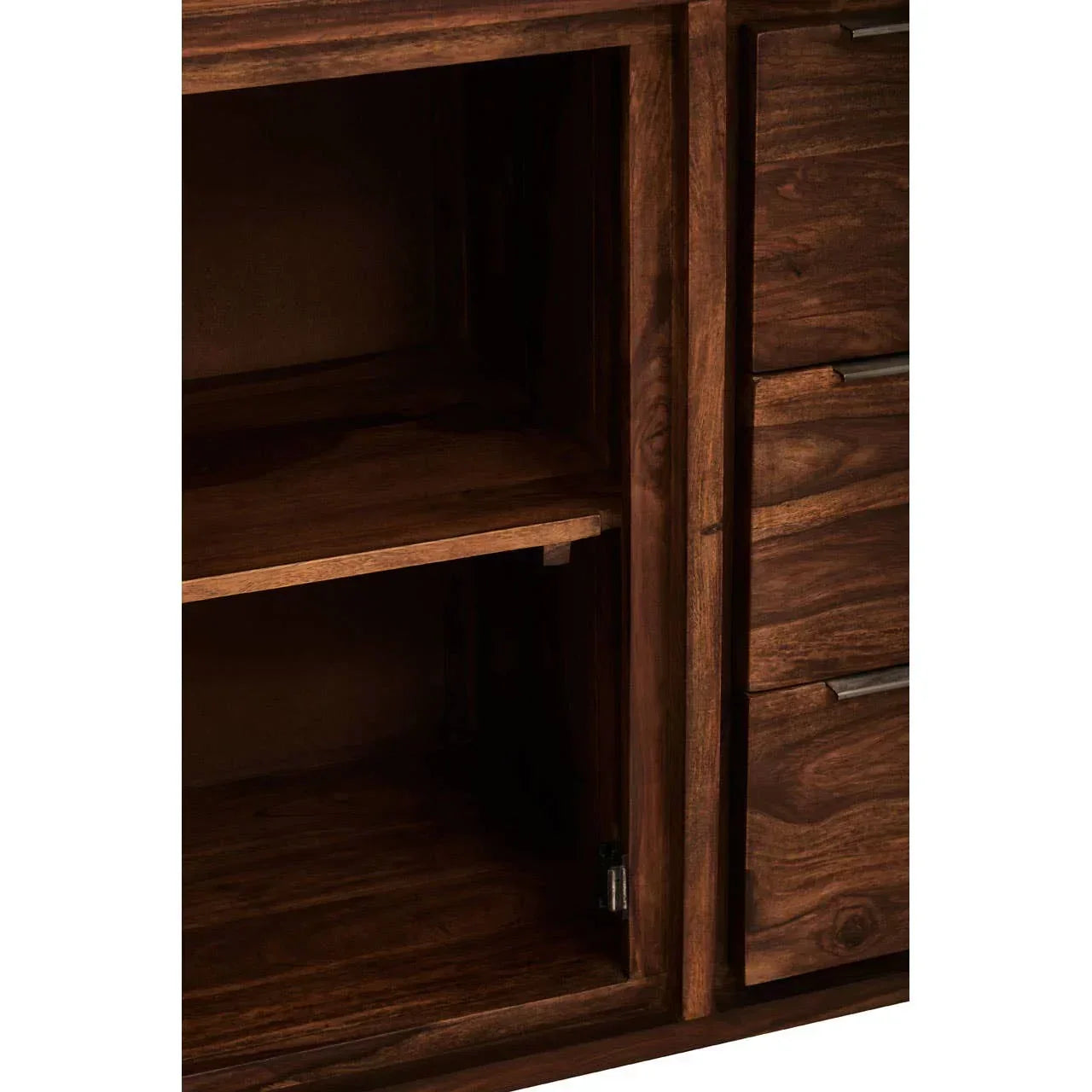Solid wood sideboard cabinet open with shelf and drawer detail visible