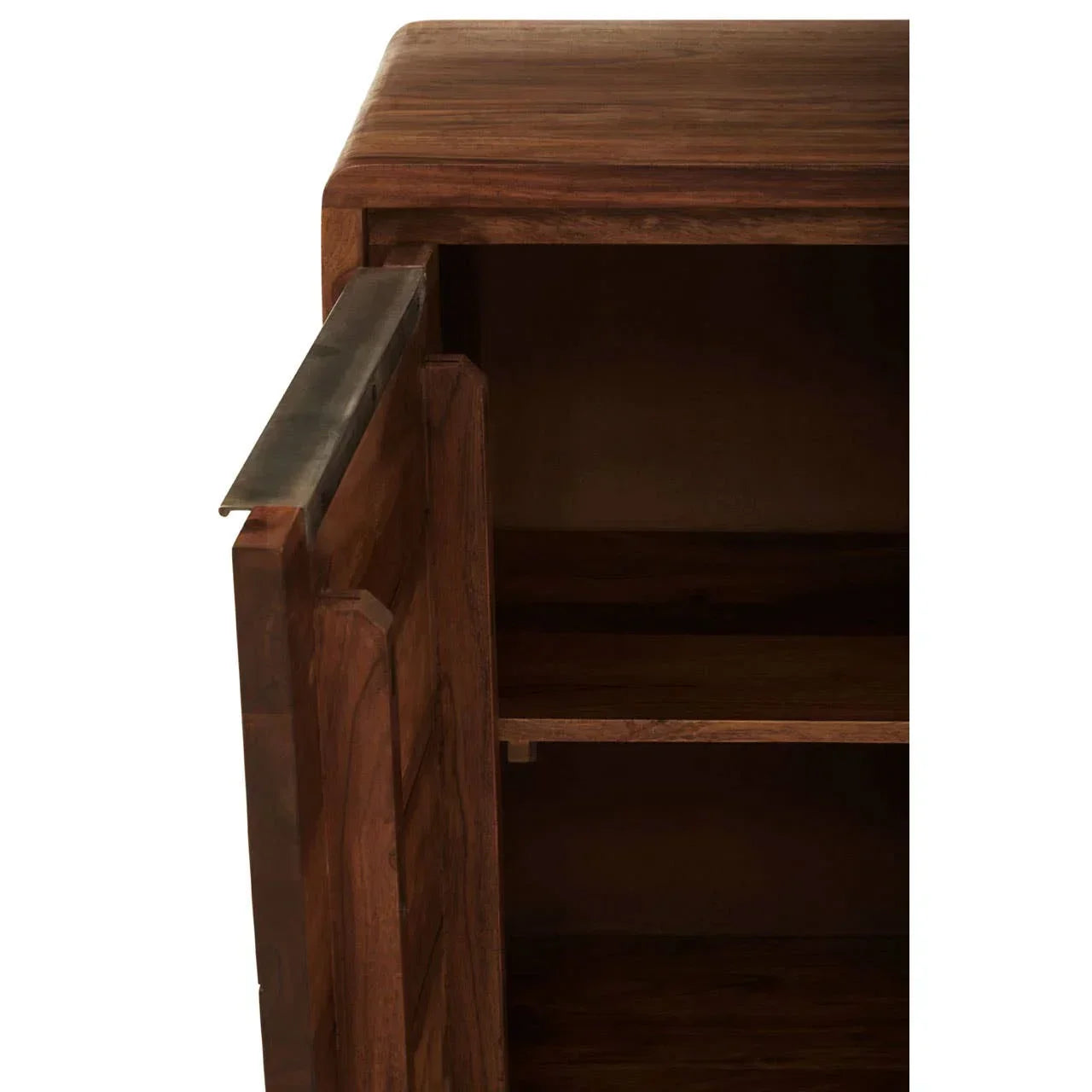 Walnut wood cabinet with open door showing internal storage shelf
