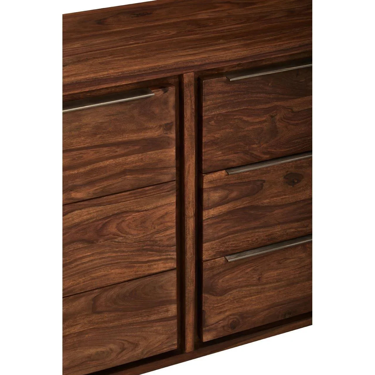 Walnut wood sideboard cabinet with metal handles, close-up of drawers and doors
