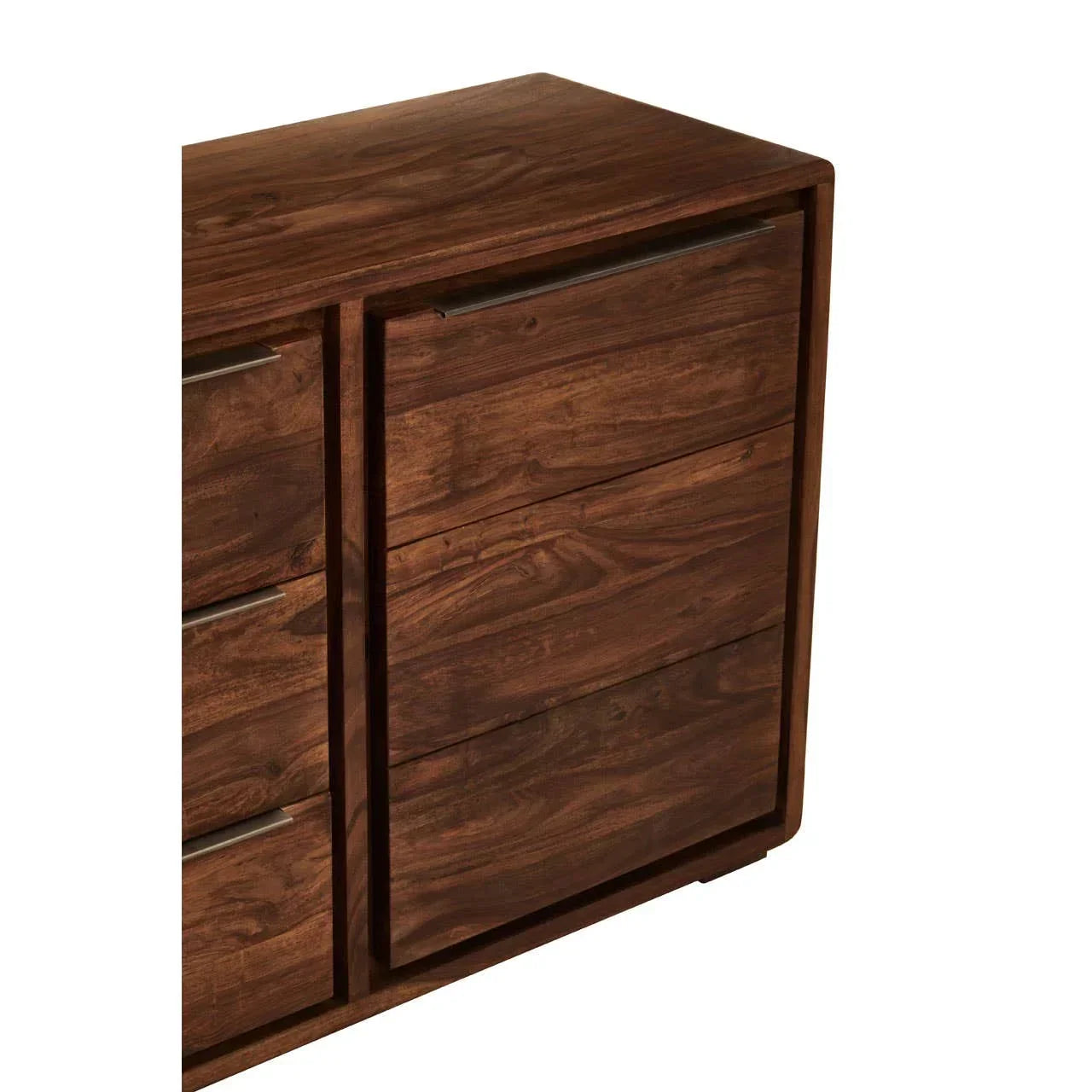 Walnut wood chest of drawers with metal handles, close view of smooth finish and grain