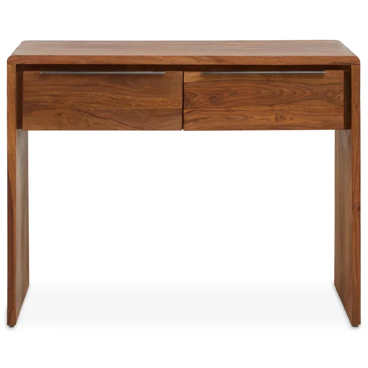 Wooden console table with two drawers and metal handles, straight front view