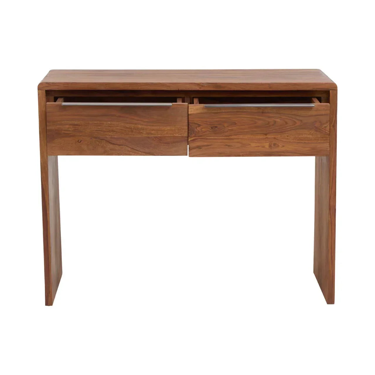 Wooden console table with two drawers and natural finish, front view