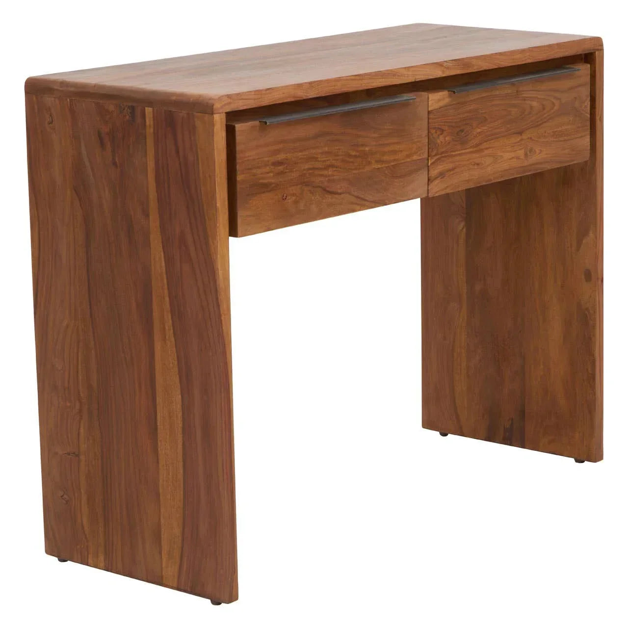 Solid wood desk with two drawers and metal handles in a natural finish