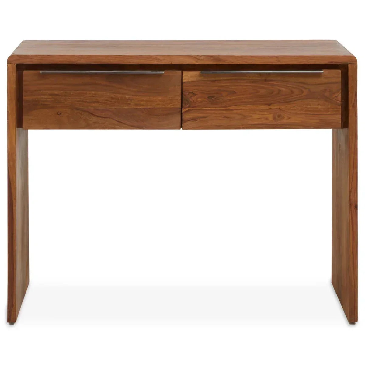Solid wood console table with two drawers and sleek metal handles, front view