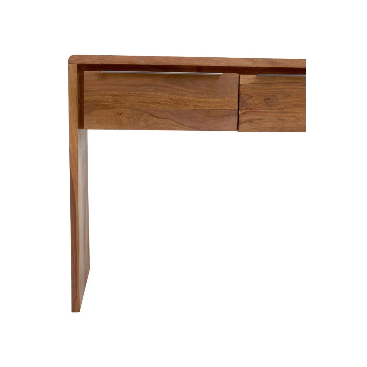 Close-up of wooden console table corner with sleek drawers and metal handles