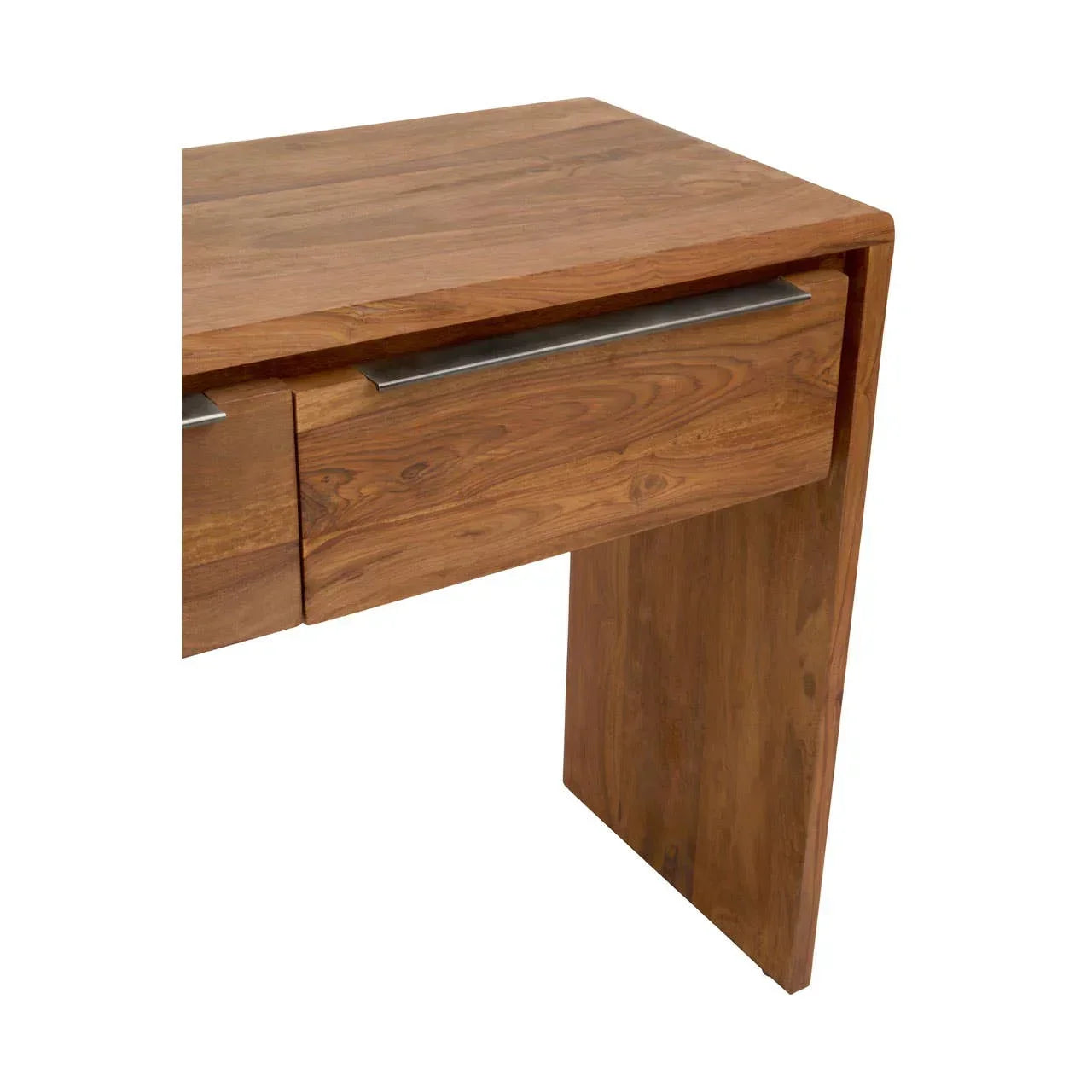 Solid wood desk with drawer and metal handle, showing corner and grain detail