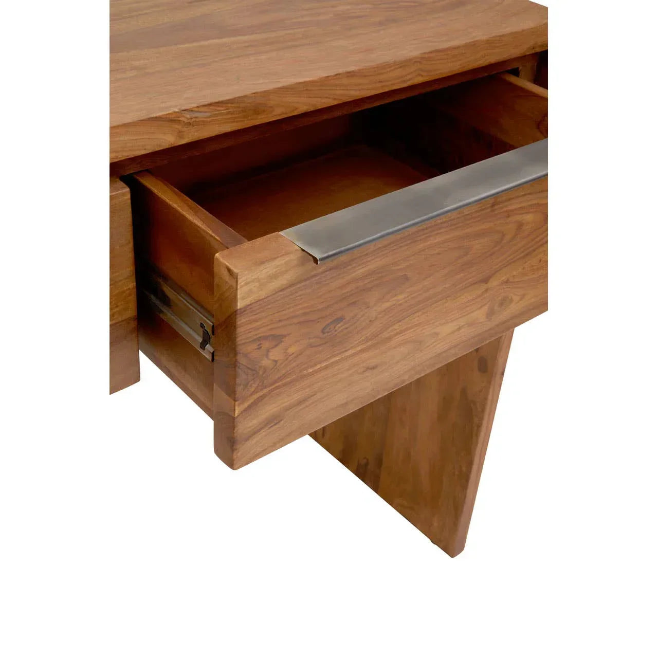 Wooden desk drawer with metal handle partially open, showing smooth natural wood grain