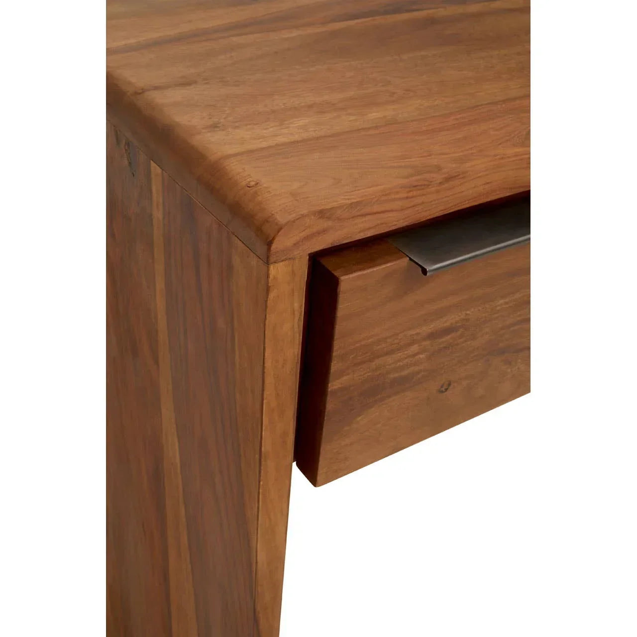 Close-up acacia wood desk with visible natural grain and single drawer