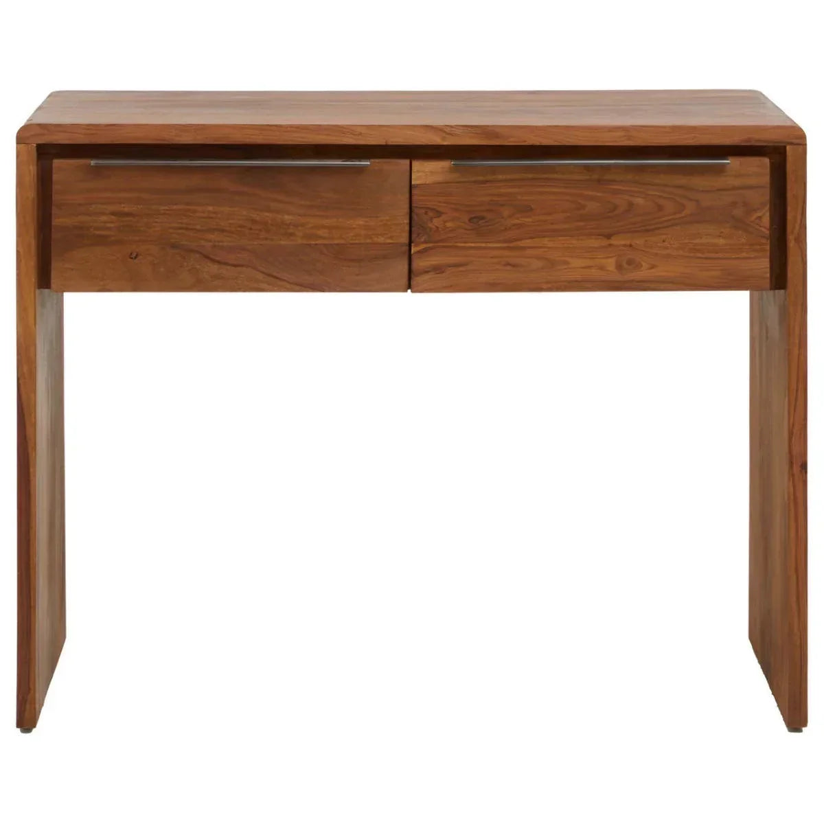Solid wood console table with two drawers and metal handles, natural finish, front view