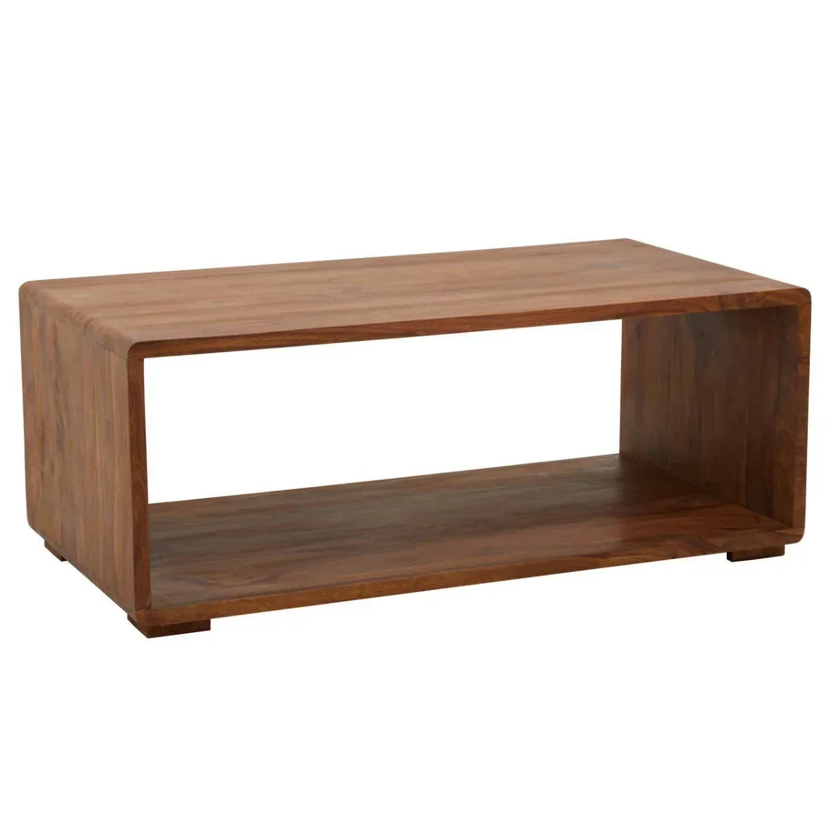 Rectangular wooden coffee table with open shelf and smooth curved edges