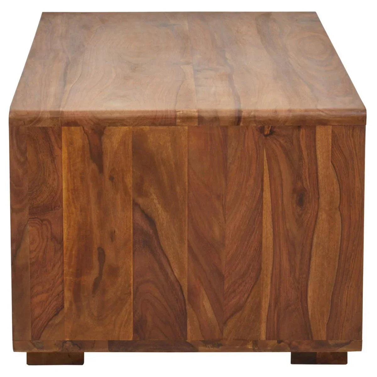 Rectangular solid wood coffee table with visible grain, front facing view