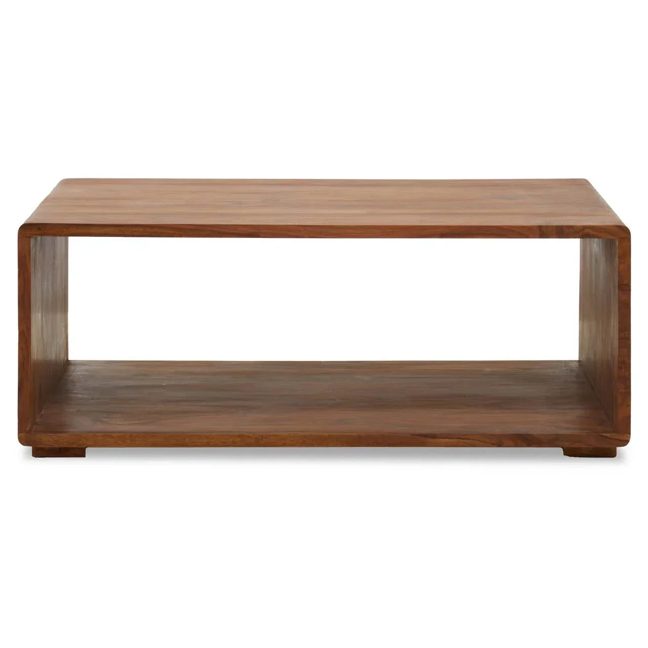 Rectangular wooden coffee table with open shelf and natural finish, front view