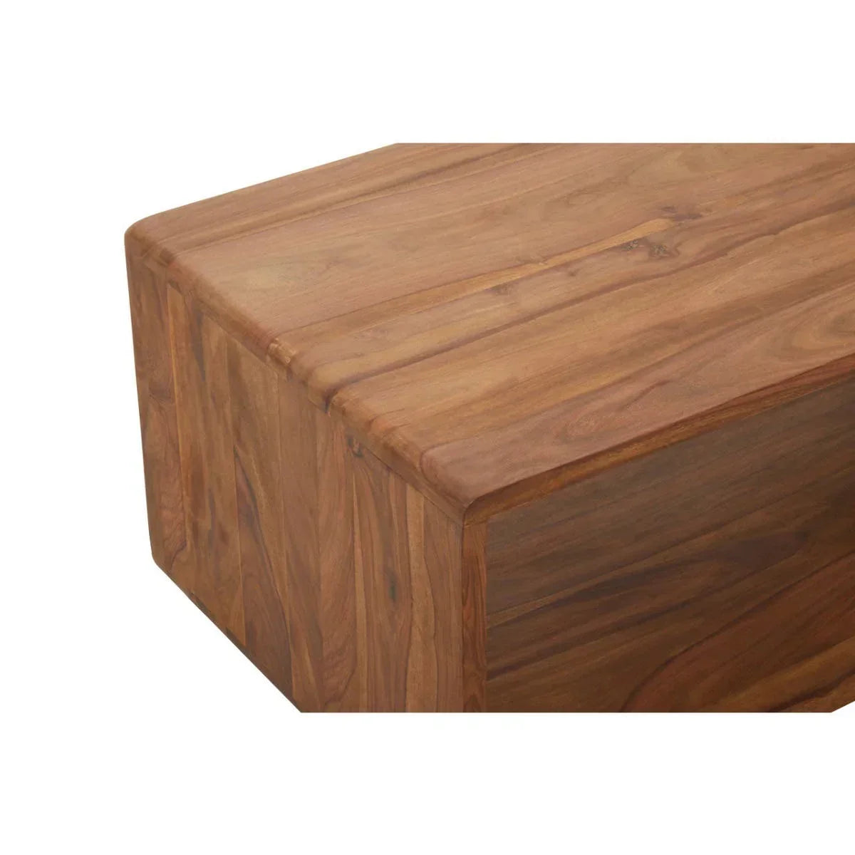 solid wood coffee table with natural grain, rectangular shape, close corner view