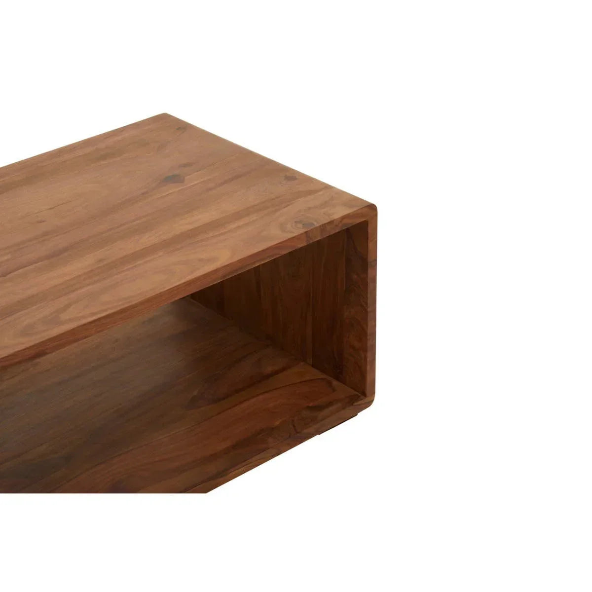 Rectangular wooden coffee table with open shelf and smooth finish, close corner view