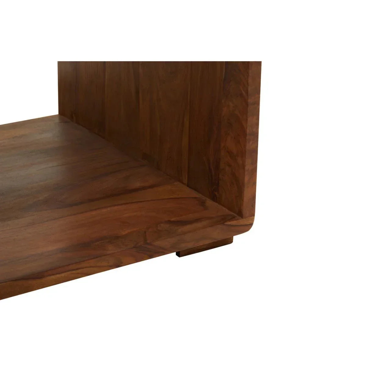 Closeup of wooden furniture corner showing natural wood grain and construction detail