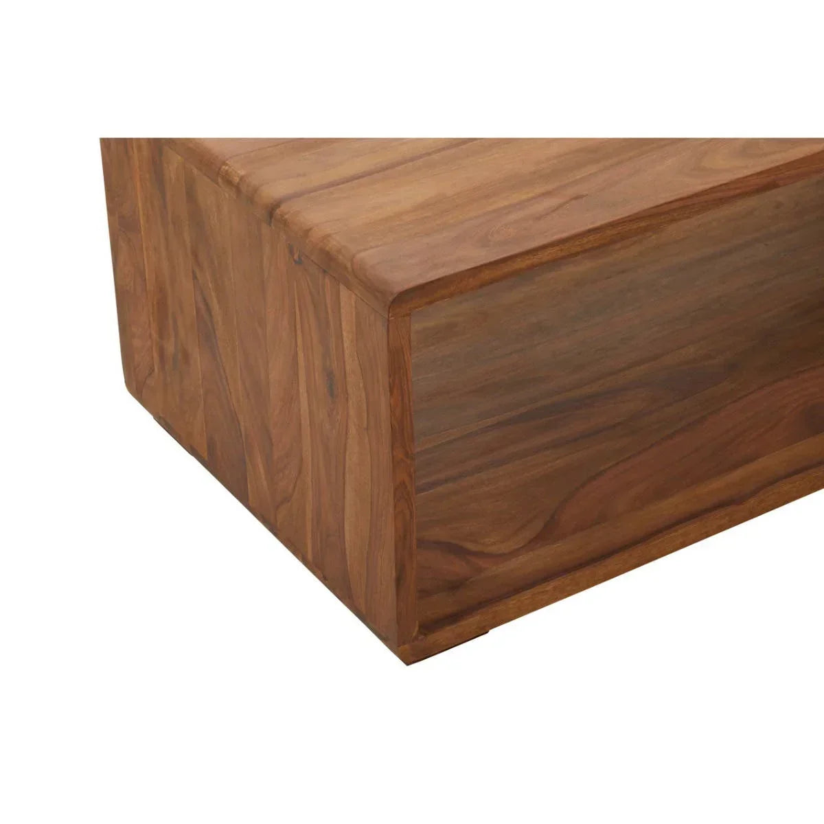 Closeup of wooden coffee table corner with natural grain finish