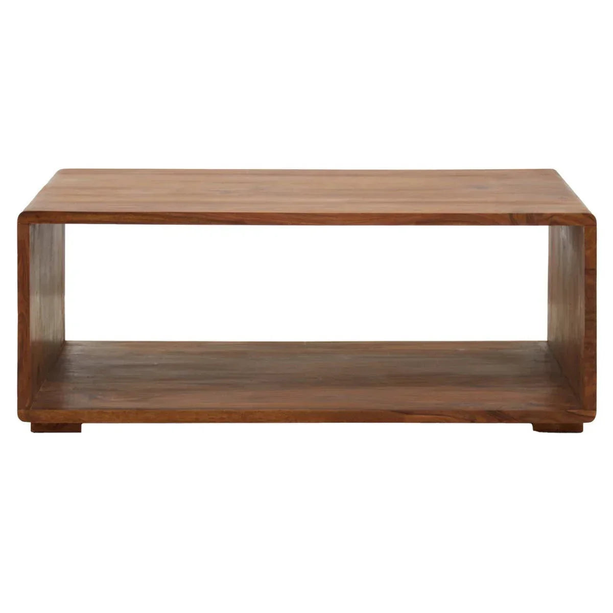 Rectangular wooden coffee table with open shelf, natural finish, front view