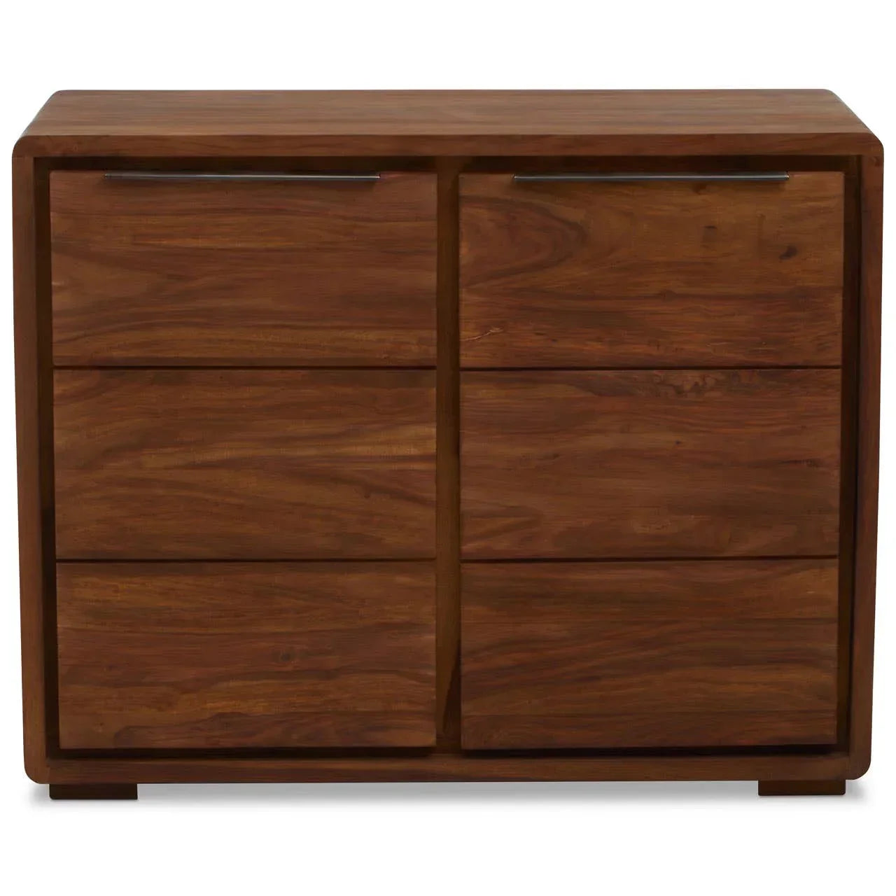 Solid wood chest of drawers with six drawers and metal handles, front view