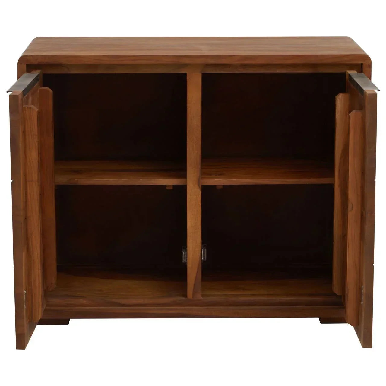 Solid wood storage cabinet with two doors open, showing interior shelves and compartments