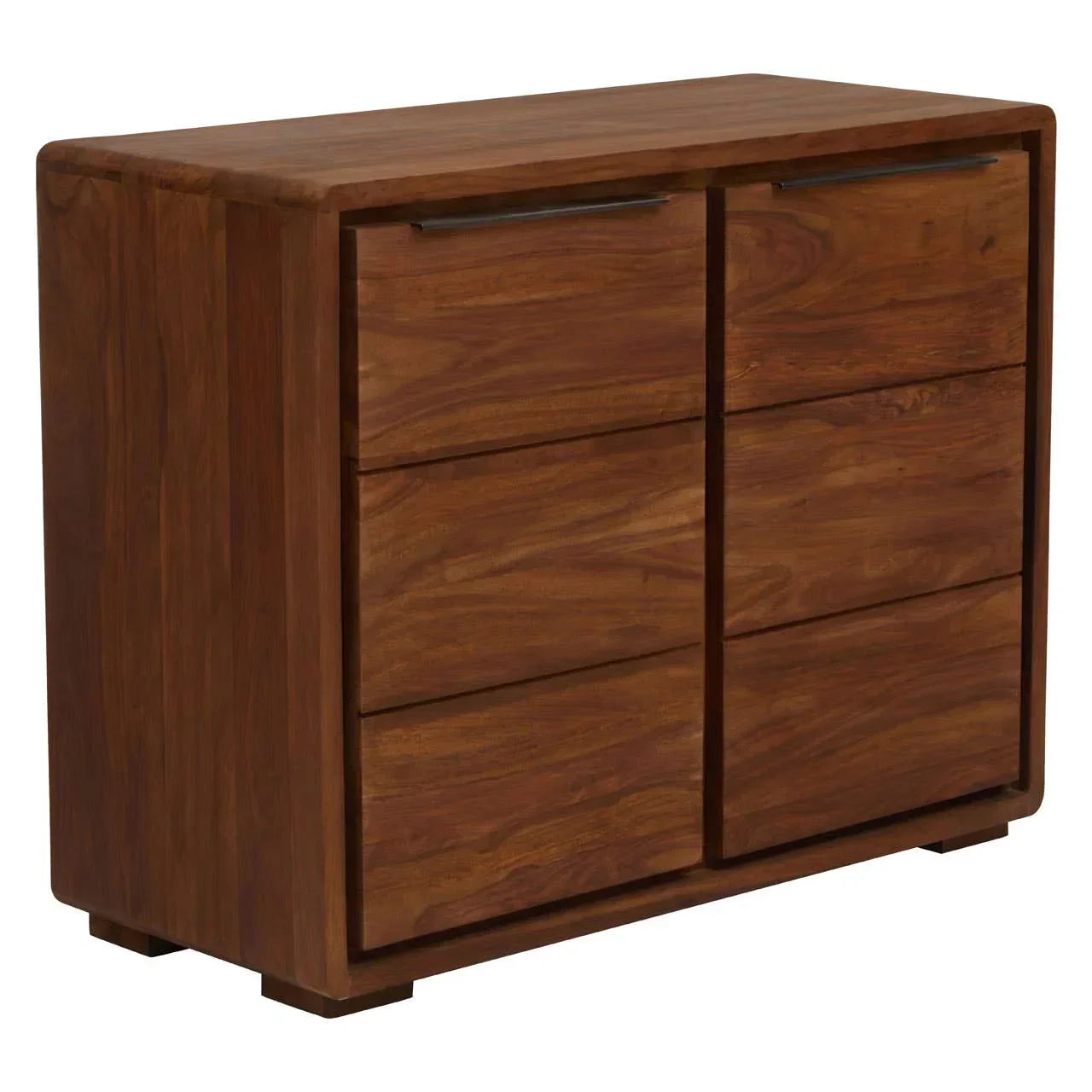 Solid wood chest of drawers with six wide drawers and metal handles, side angle view
