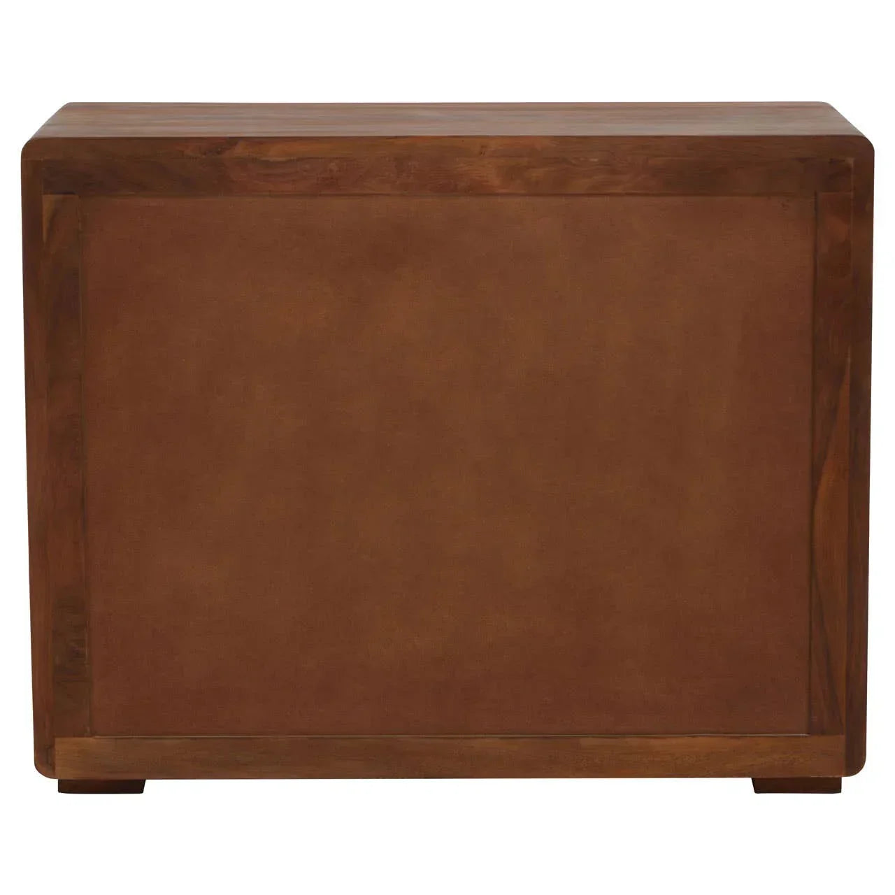 Rectangular wooden sideboard cabinet in brown finish, rear view angle