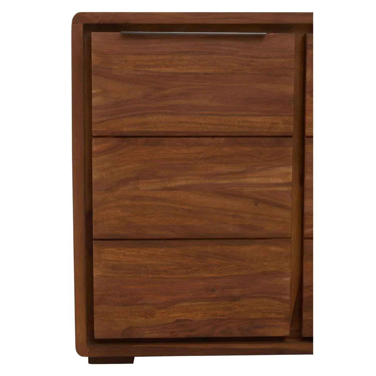 Solid wood chest of drawers with three panel drawers and metal handle, close-up view