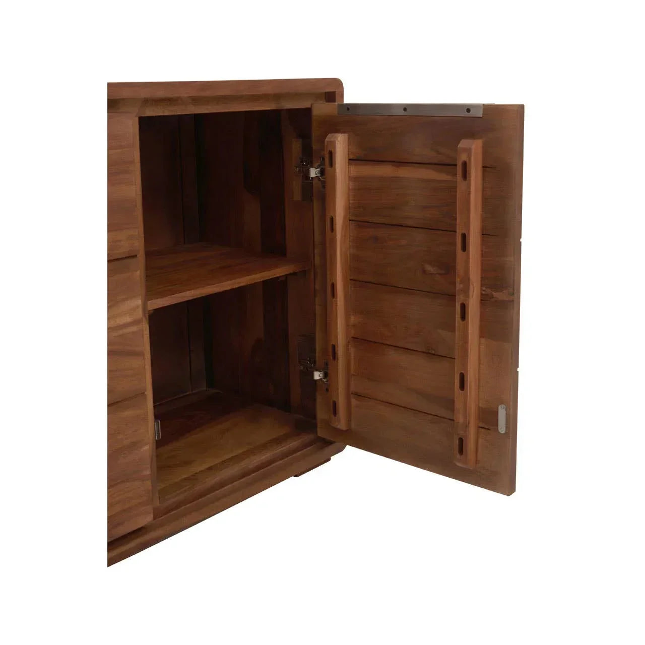 Open solid wood sideboard cabinet with interior shelf and visible wood grain