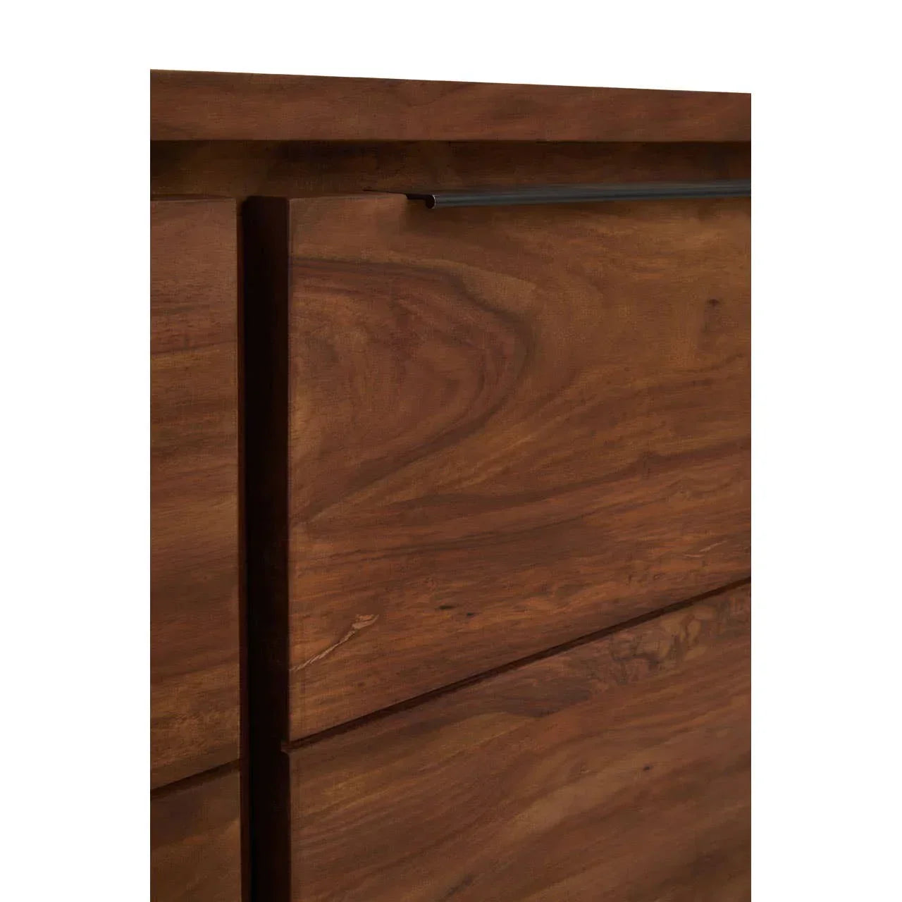 Walnut wood dresser drawers closeup with black metal handle detail