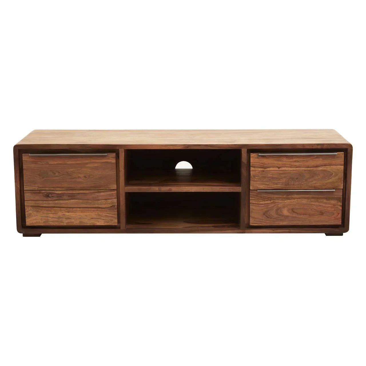 Solid wood TV unit with two drawers, open shelving and cable hole, front view