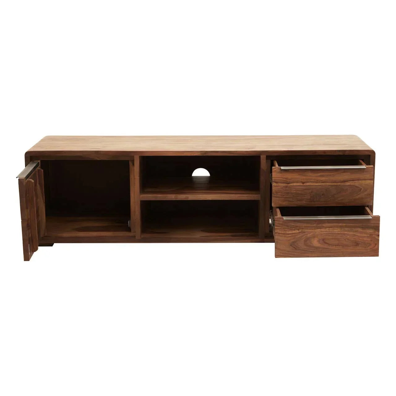 Solid wood TV unit with open shelves, two drawers and left cabinet door open