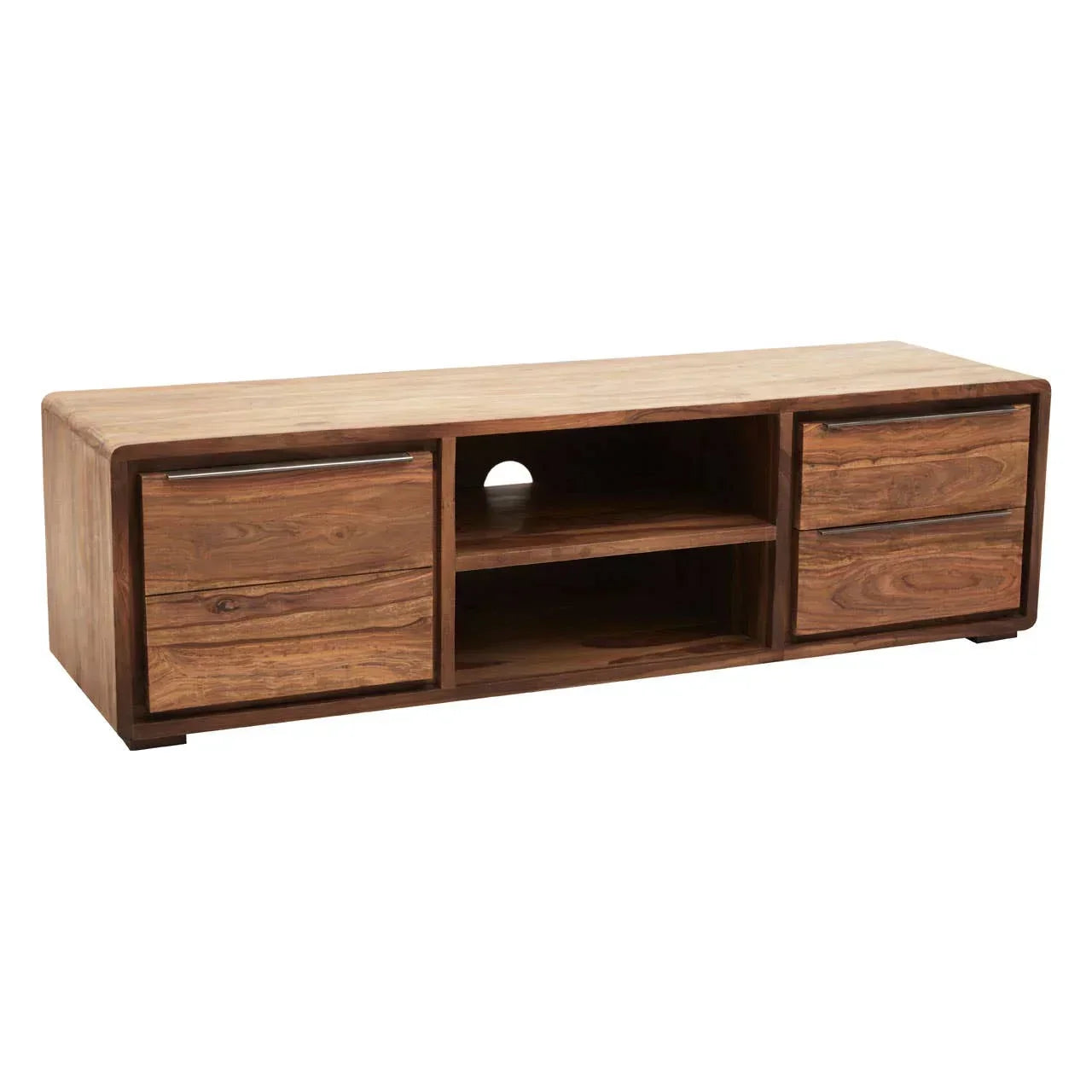 Solid wood TV unit with two drawers, open shelves and cable management hole, front view