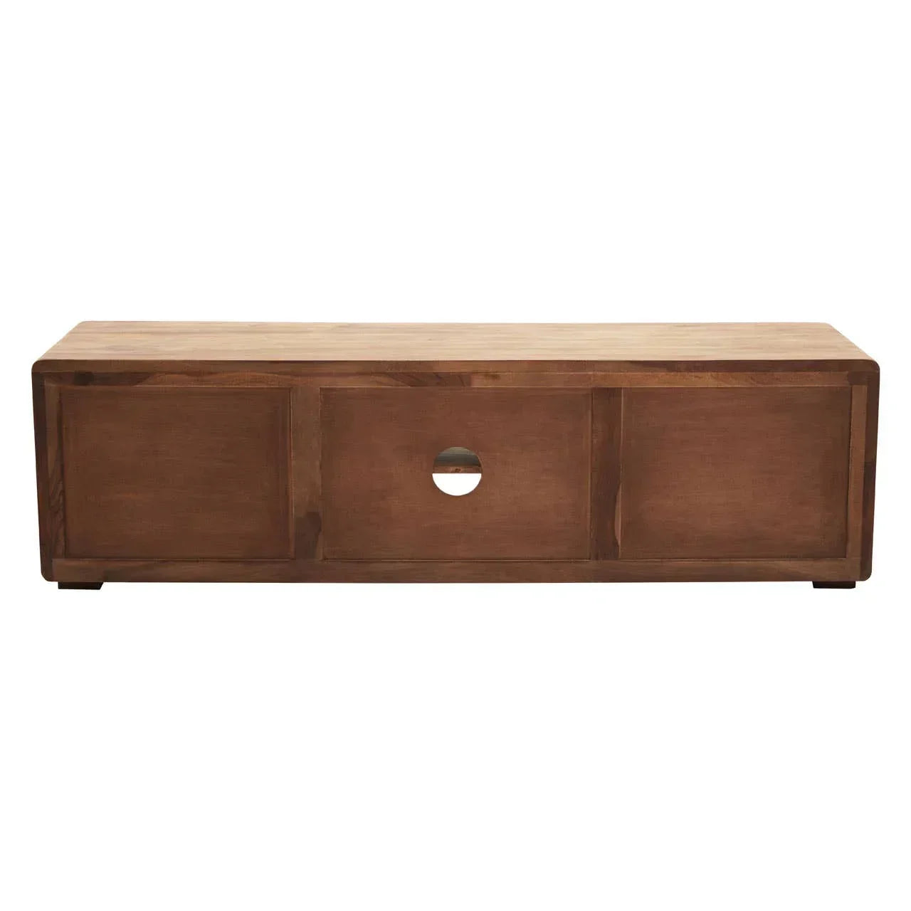 Solid wood TV unit with three panel doors and central cable cutout, front view