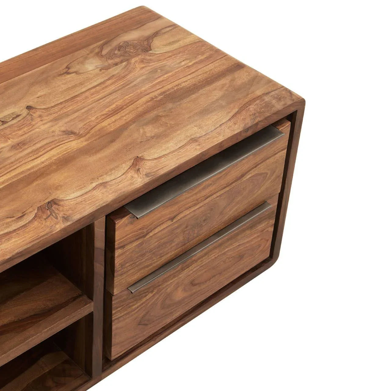 Sheesham wood TV unit with two drawers and metal handles, close-up corner view