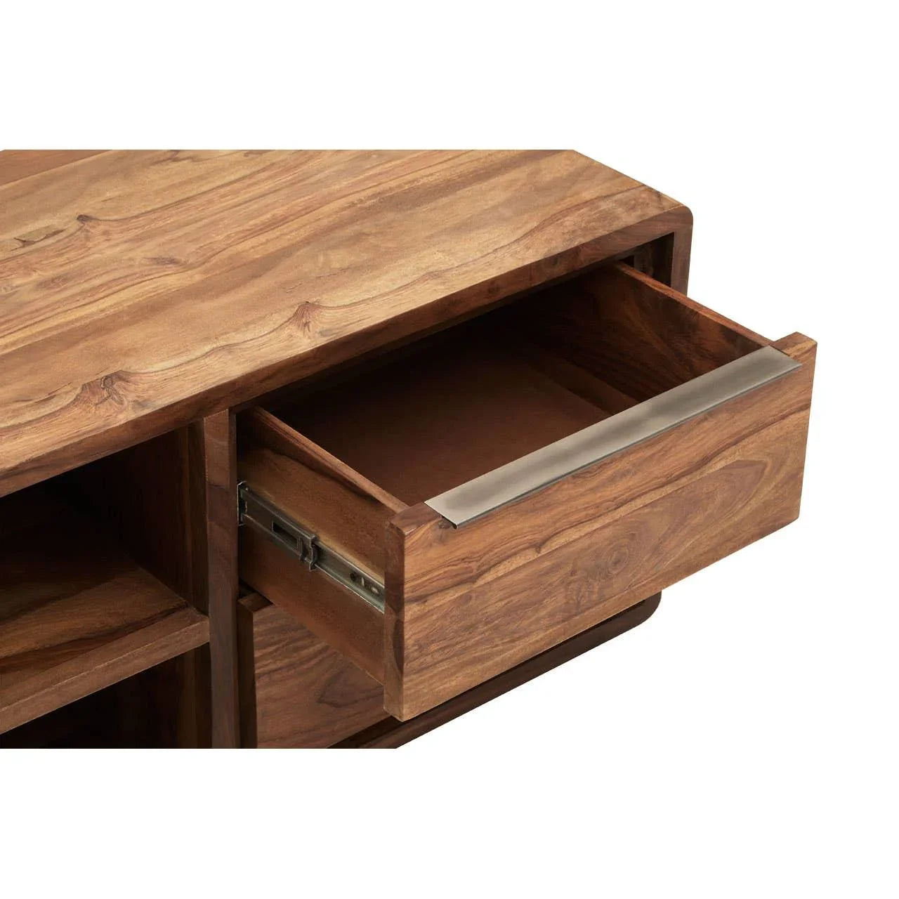 Walnut wood drawer unit with open metal handle and visible shelving