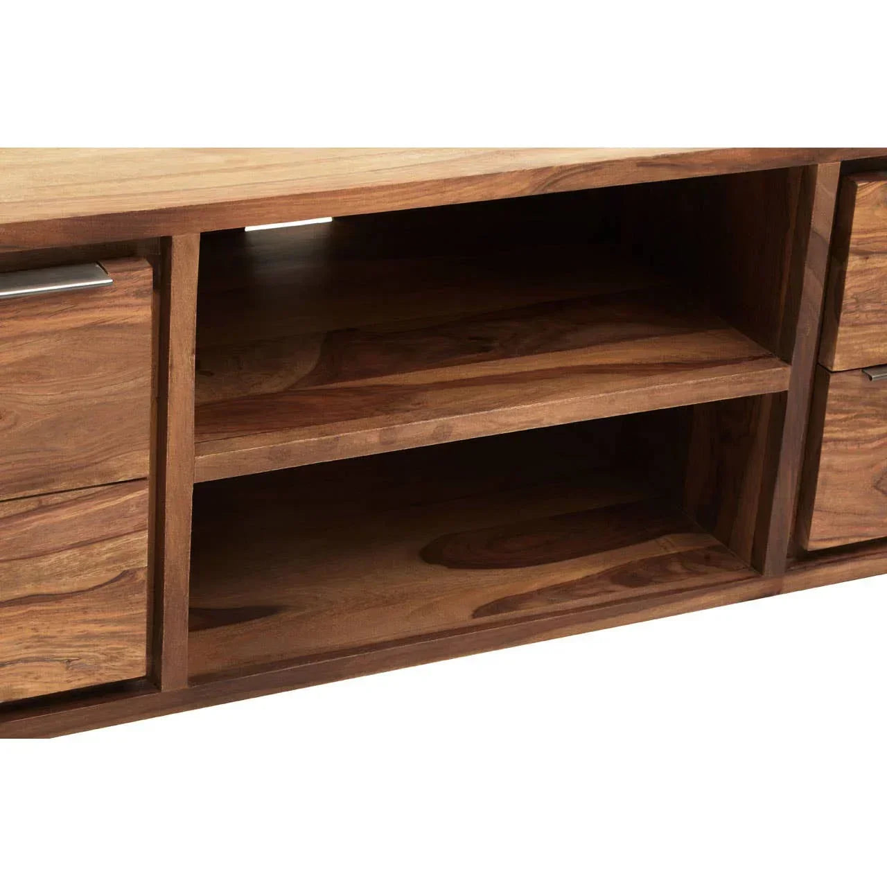 Solid wood TV unit with open shelving and visible natural grain finish, close-up view