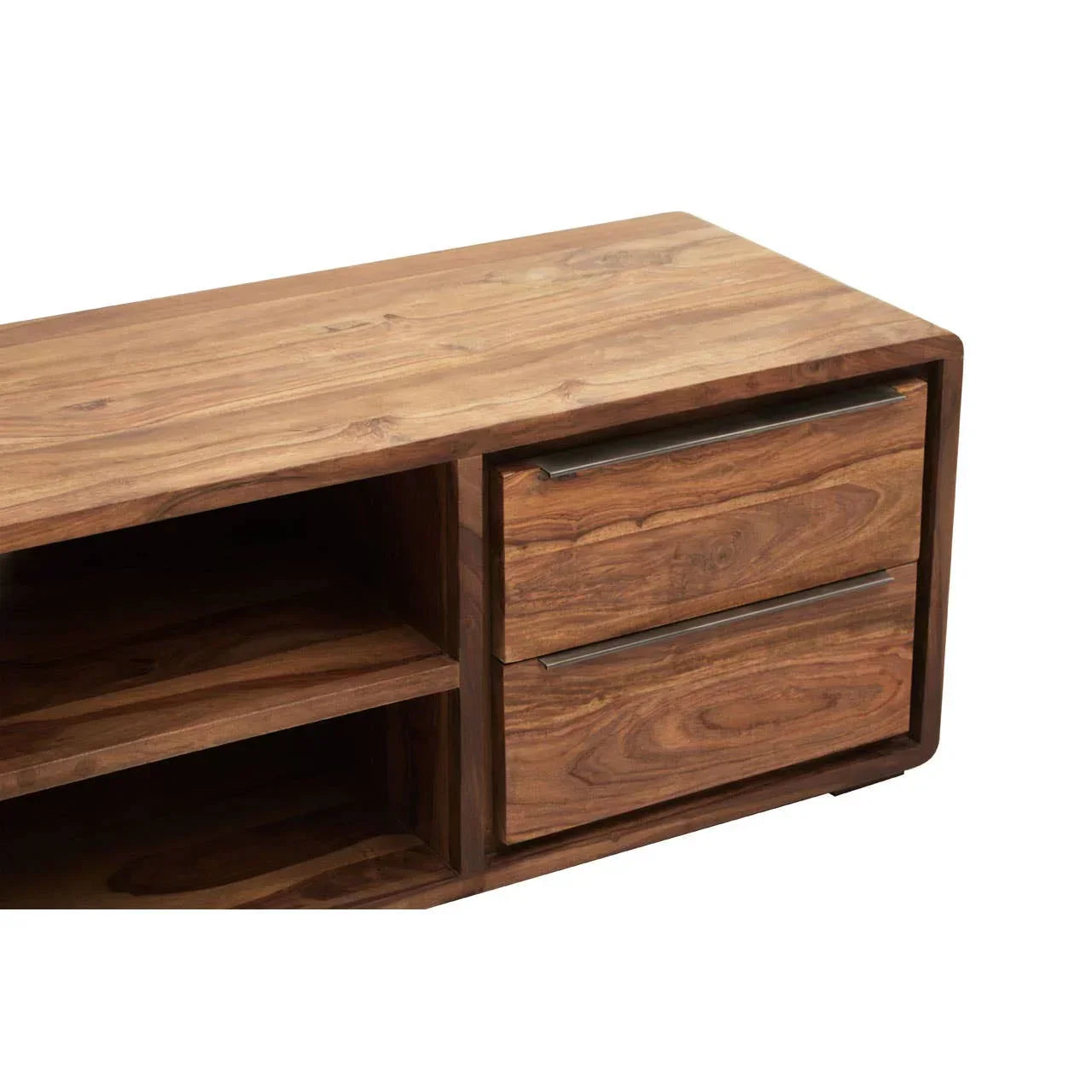 Solid wood TV unit with two metal handle drawers and open shelving, walnut finish
