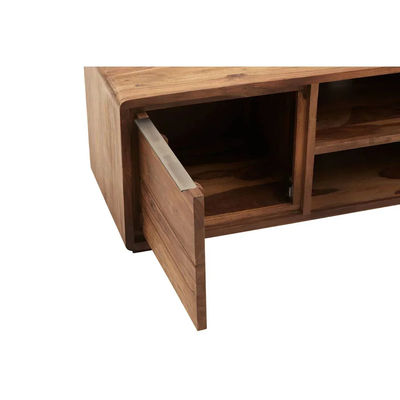Solid wood TV unit cabinet with open door and visible storage compartments