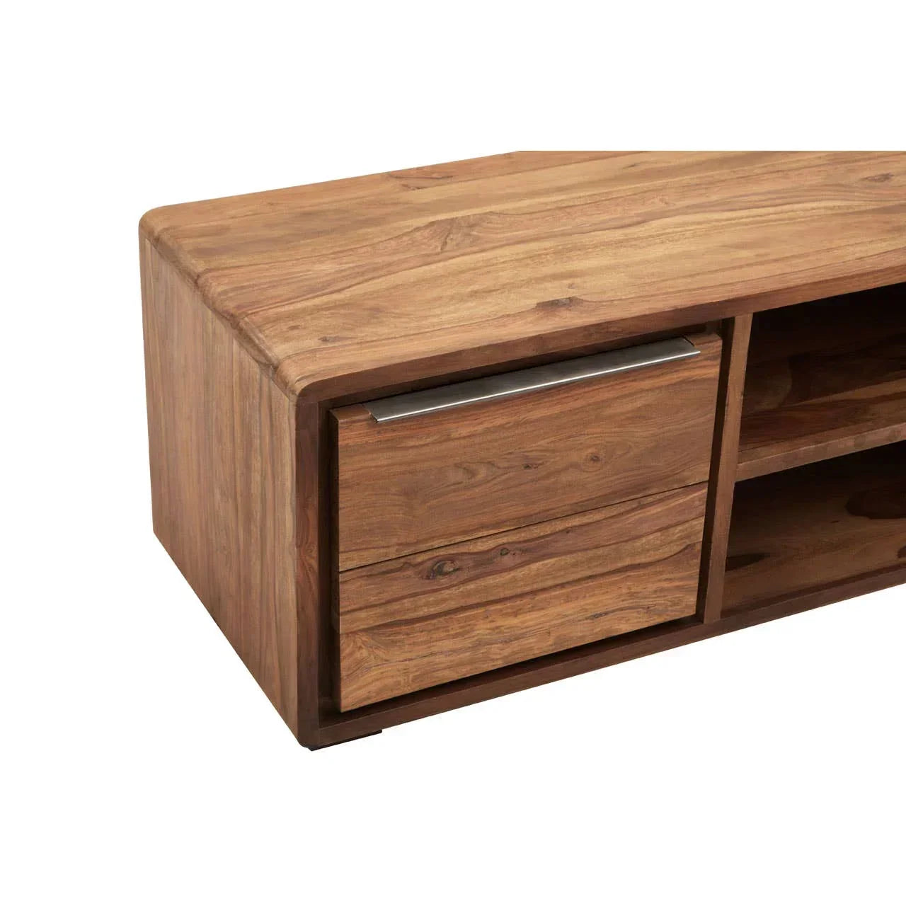 Solid wood TV unit with drawer and open shelf, natural finish, metal handle detail