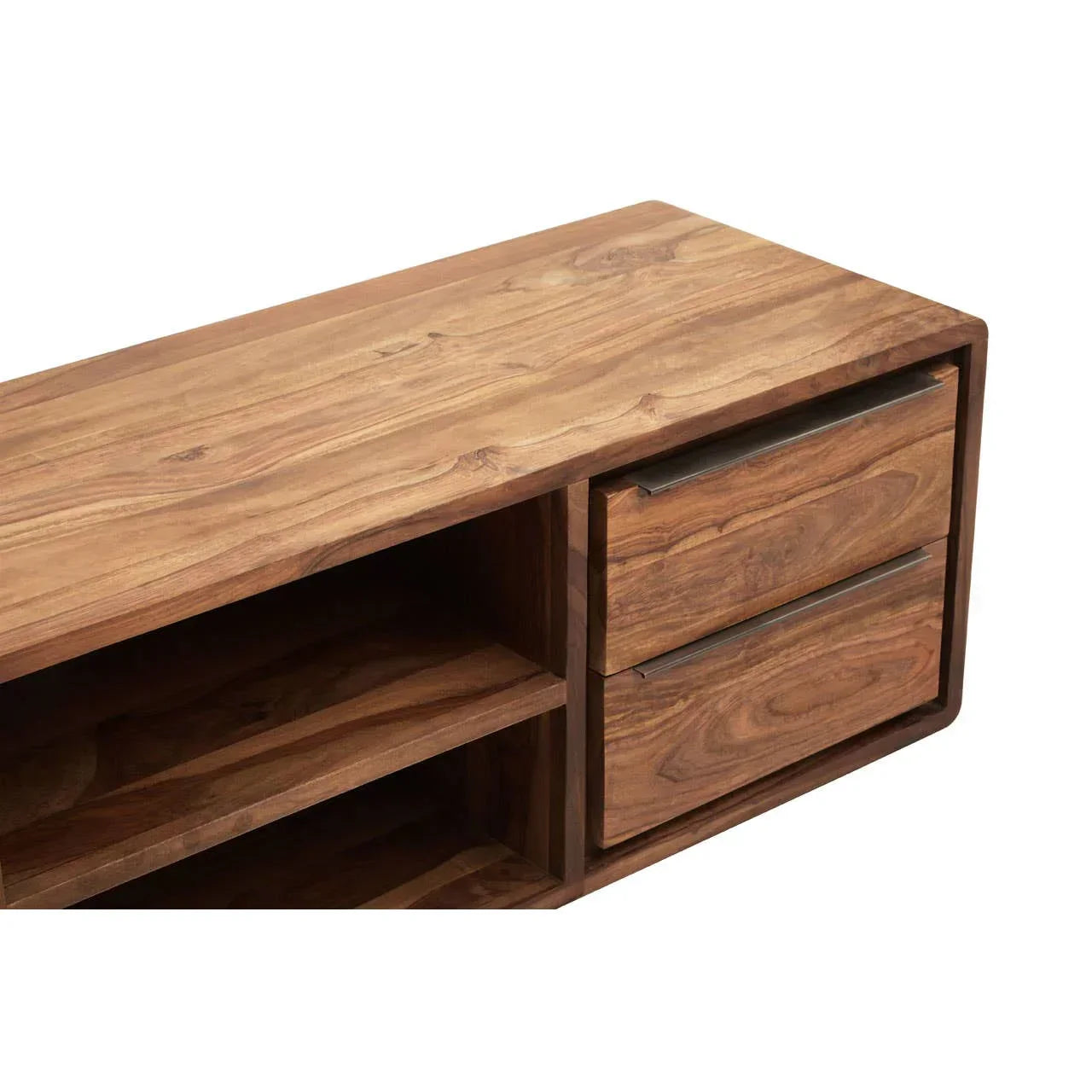 Solid wood TV unit with open shelf and two storage drawers, close-up of corner detail