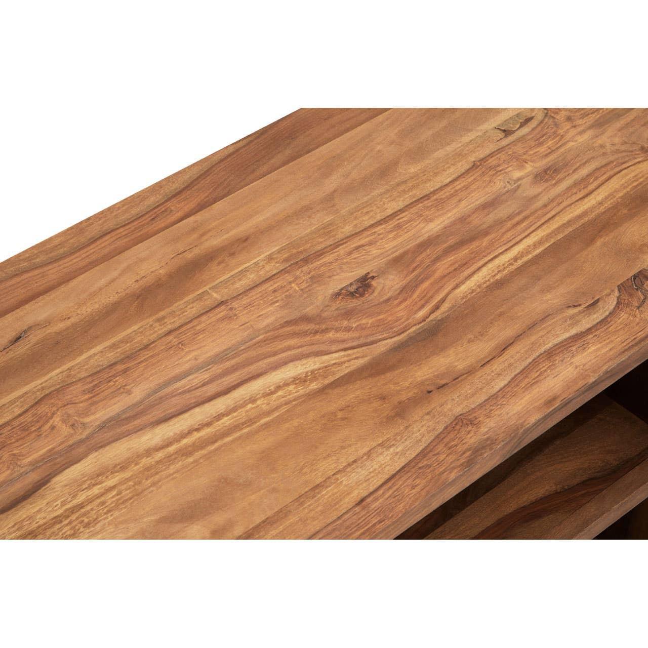 Natural wood coffee table surface with visible grain and smooth finish, close-up view